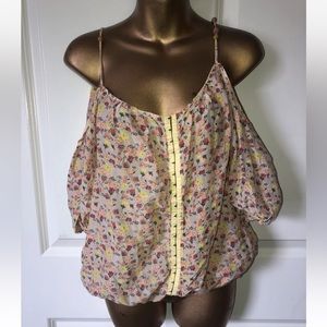 Scrapbook Originals Brown Yellow Orange Floral Top M Shirt Cold Shoulder